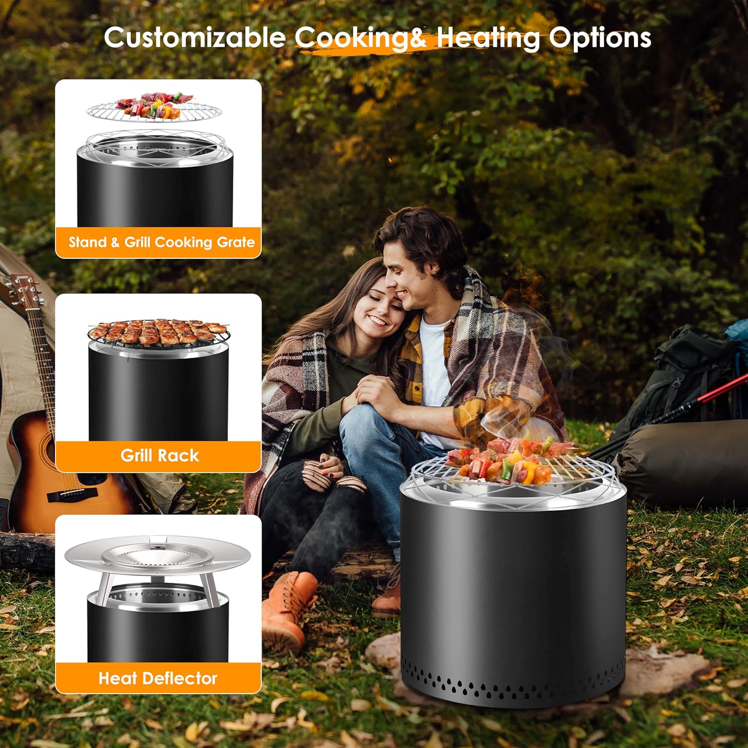 19 Inch Smokeless Fire Pit Portable Outdoor Camping Fire Pit Stainless Steel Black