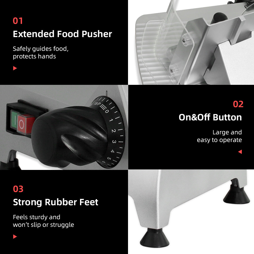 8" Electric Meat Slicer, 180 W, Stainless Steel, Strong Suction Rubber Feet