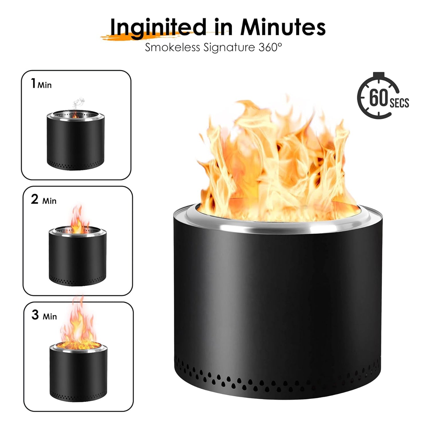 19 Inch Smokeless Fire Pit Portable Outdoor Camping Fire Pit Stainless Steel Black