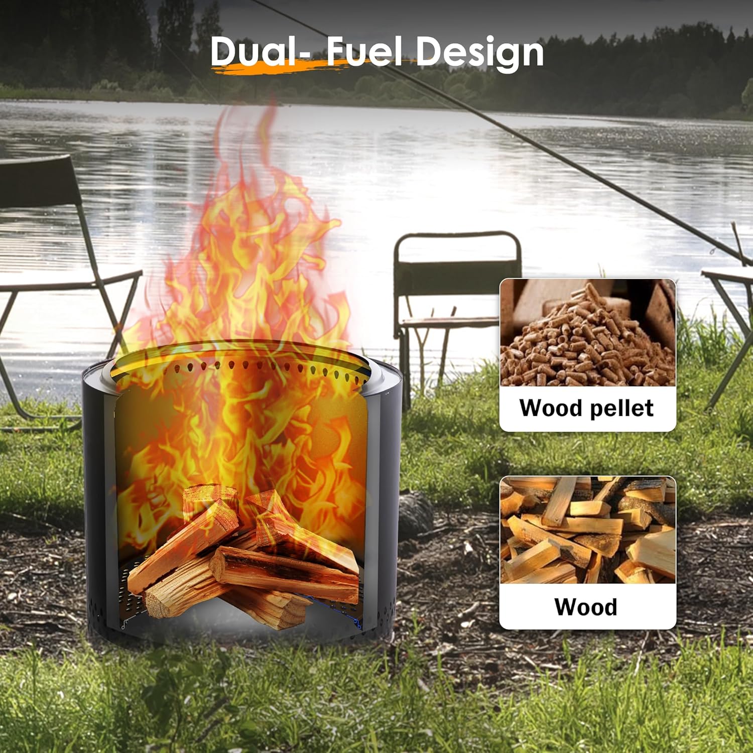 19 Inch Smokeless Fire Pit Portable Outdoor Camping Fire Pit Stainless Steel Black