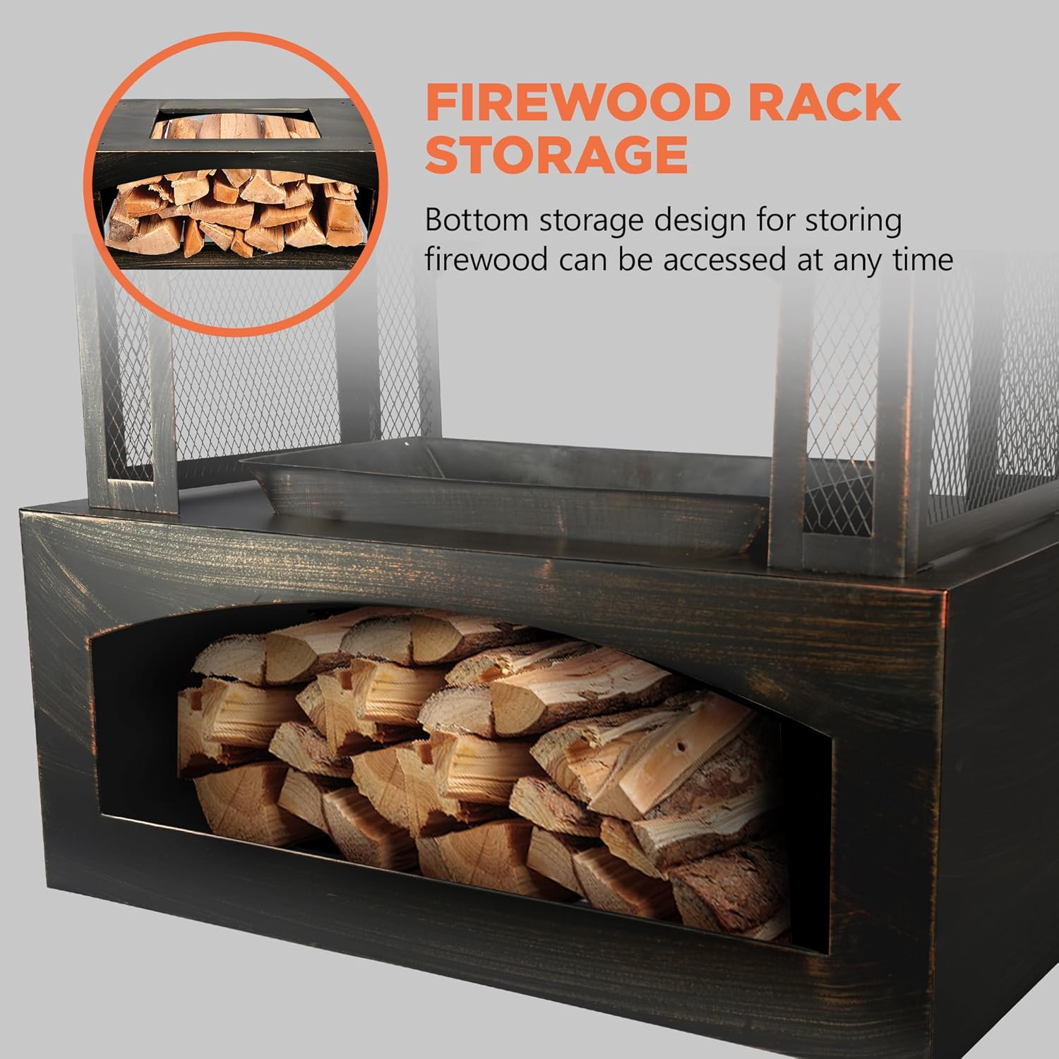37" Fire Pits with Wood Storage for Outside