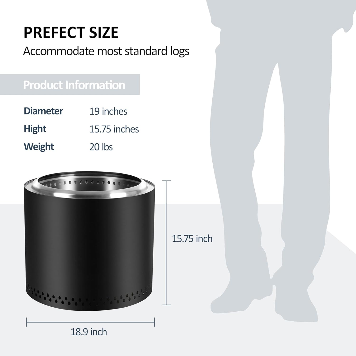 19 Inch Smokeless Fire Pit Portable Outdoor Camping Fire Pit Stainless Steel Black