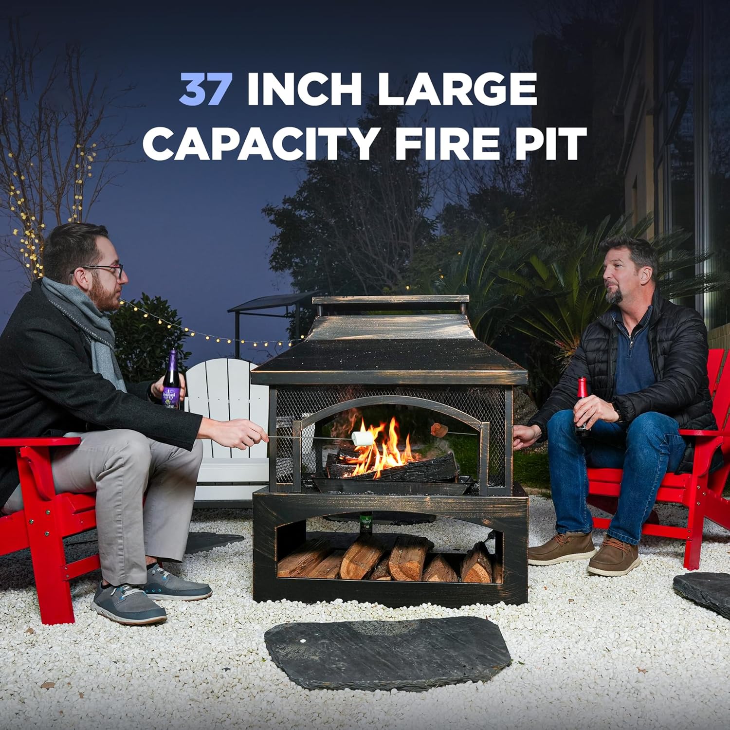 37" Fire Pits with Wood Storage for Outside