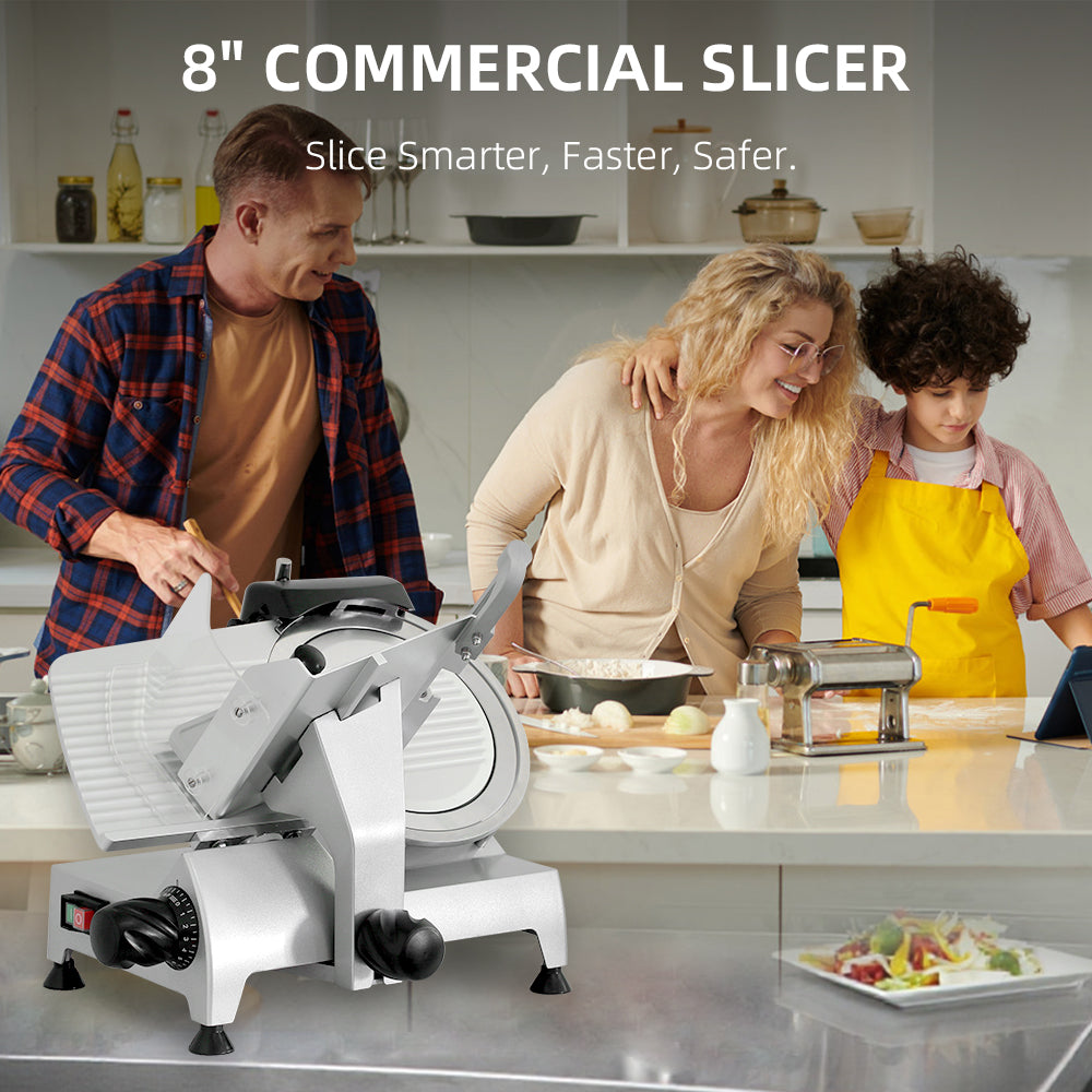 8" Electric Meat Slicer, 180 W, Stainless Steel, Strong Suction Rubber Feet
