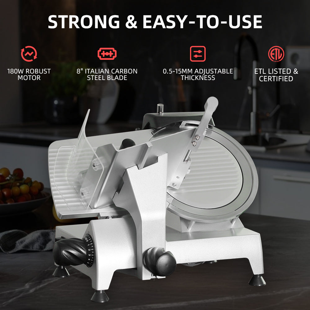 8" Electric Meat Slicer, 180 W, Stainless Steel, Strong Suction Rubber Feet