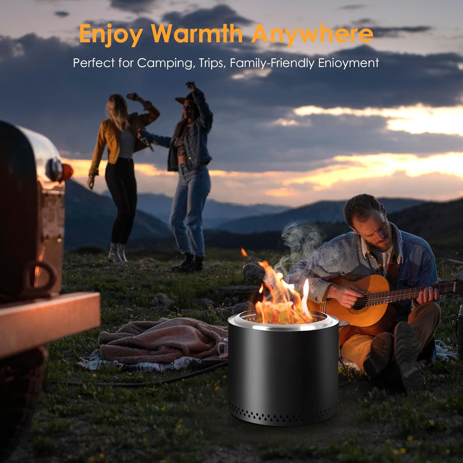 19 Inch Smokeless Fire Pit Portable Outdoor Camping Fire Pit Stainless Steel Black